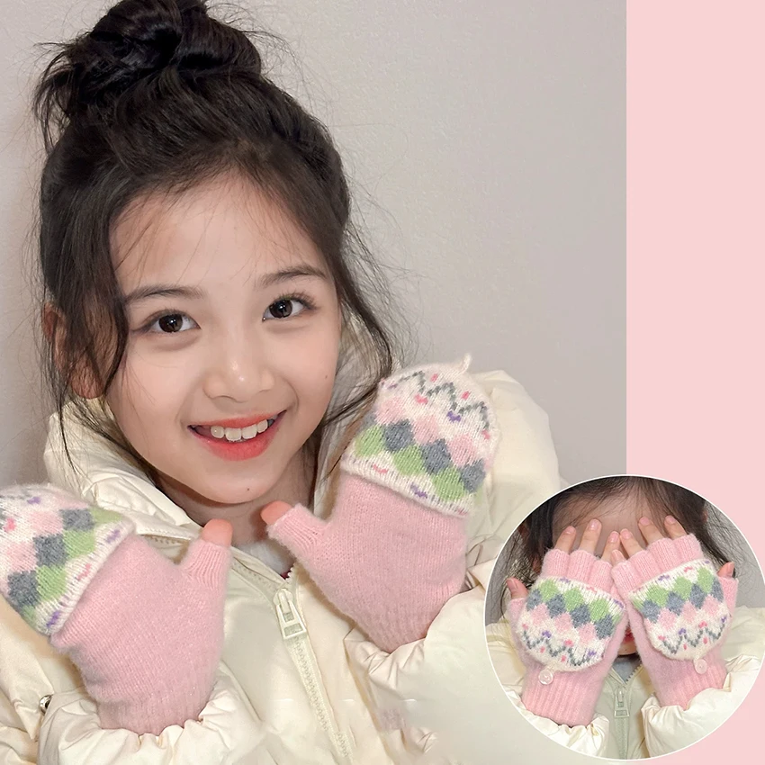 2 in 1 Flip Top Half Finger & Full Finger Thickened Warm Argyle Plaid Knitted Mittens 2026 New Kids Winter Convertible Gloves