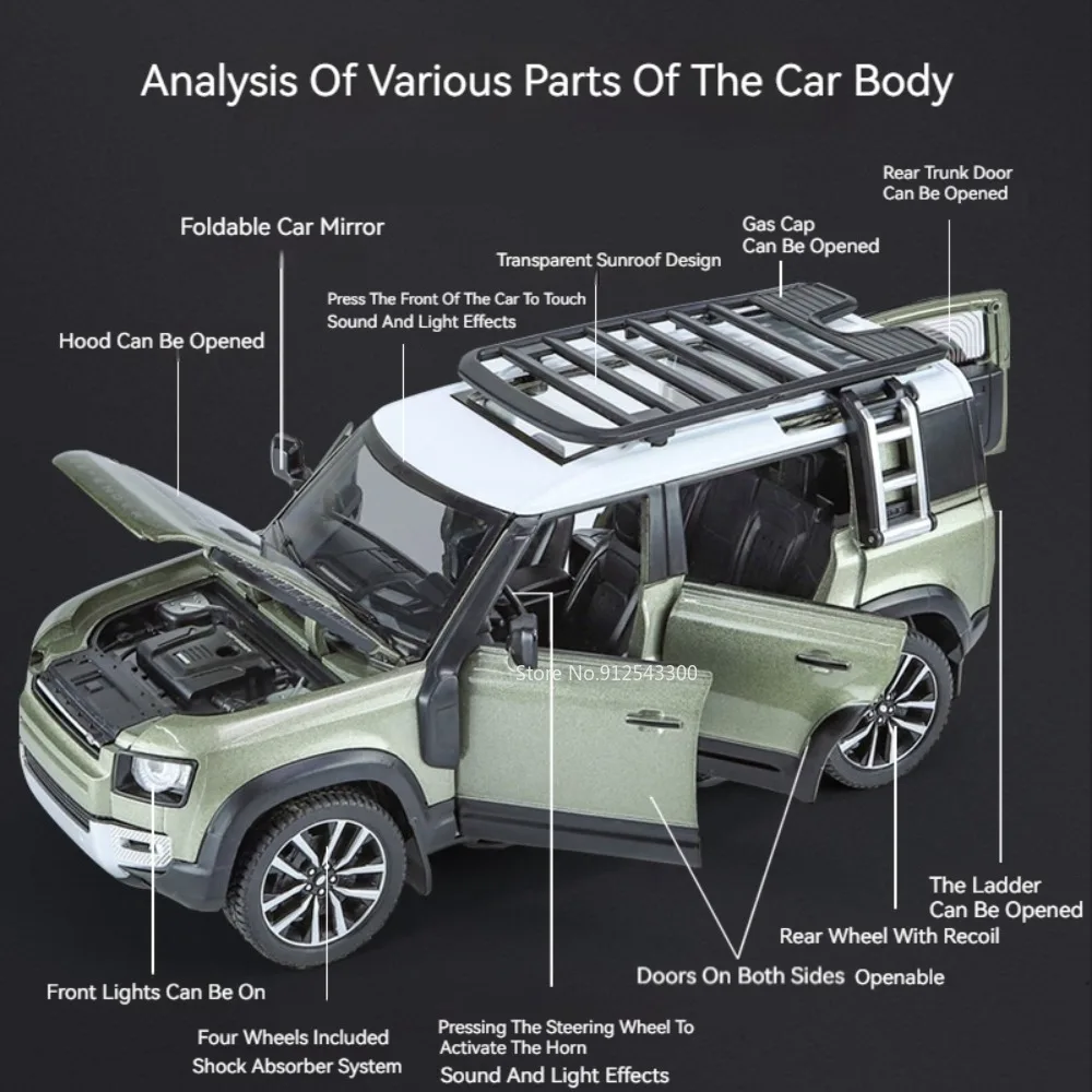 1:24 Defender 110 Land Rover Range Rover modelo de coche juguetes aleación Diecast absorción de impacto sonido luz tirar hacia atrás regalos para niños