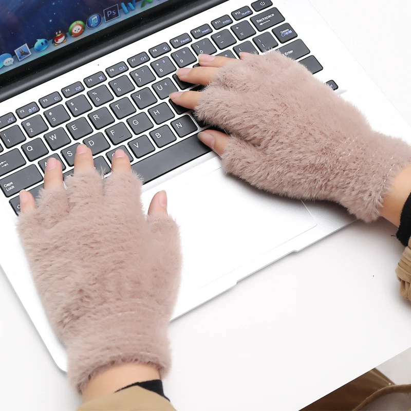 Imitation Mink Plush Cat Claw Knitted Gloves Women Cute Winter Warm Fluffy Touchscreen Gloves Men Outdoor Half Finger Mittens