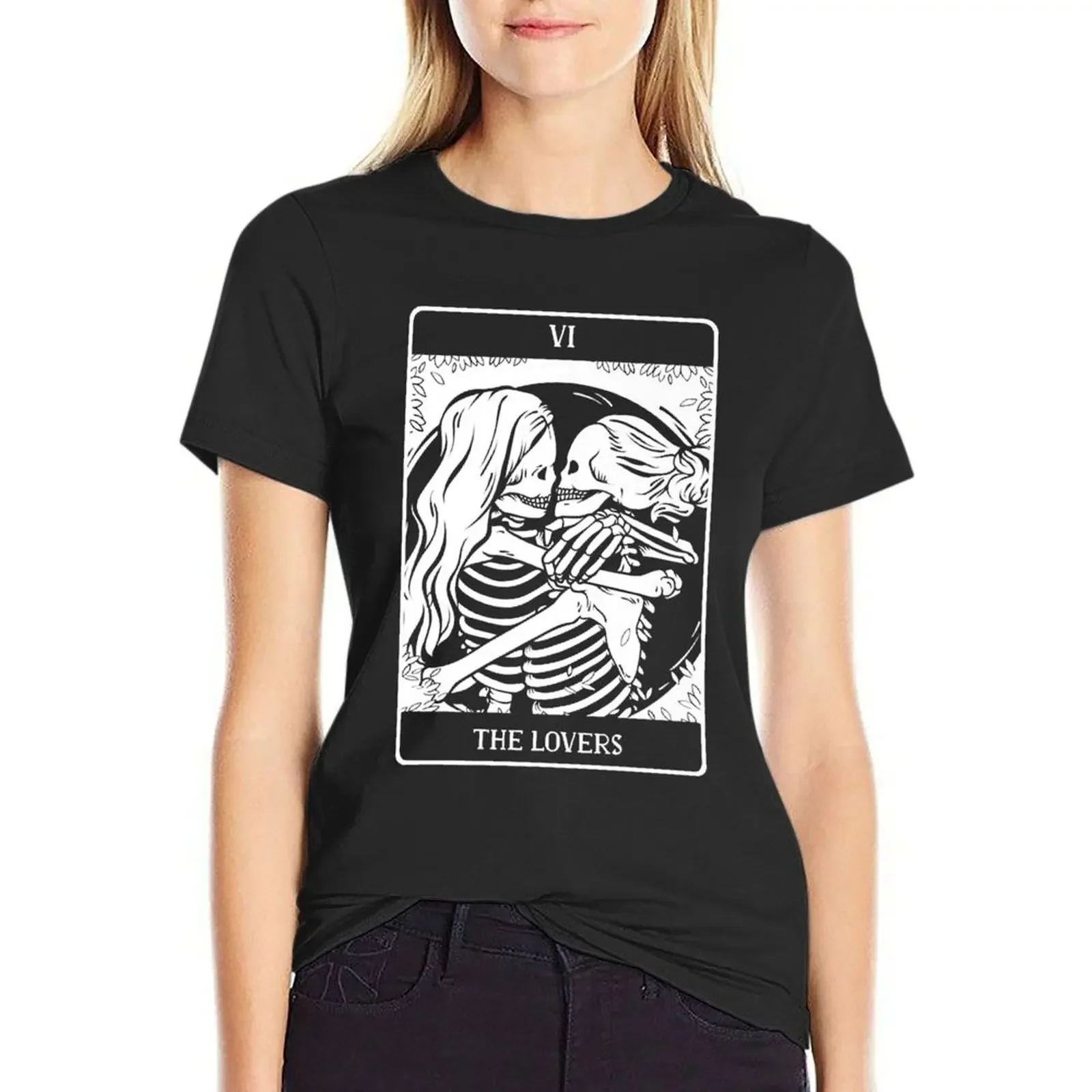 

The Lovers Tarot Card Occult Goth Lesbian Skeleton Halloween T-Shirt graphics lady clothes blacks Women's t-shirt