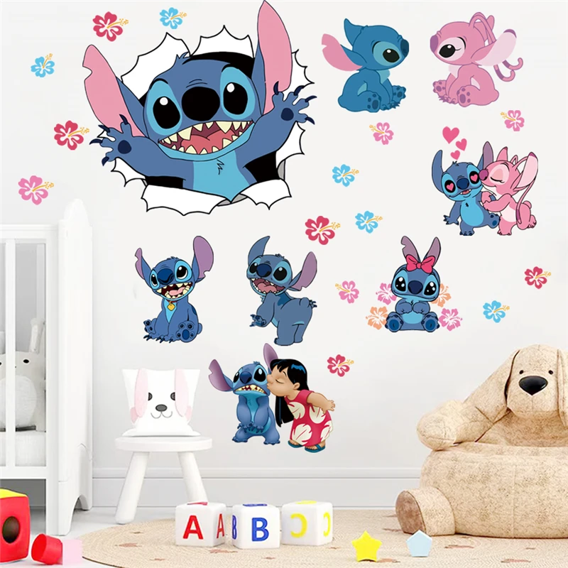 MINISO-pegatinas de pared de dibujos animados de Lilo y Stitch para habitación de niños, guardería, sala de estar, decoración de pared del