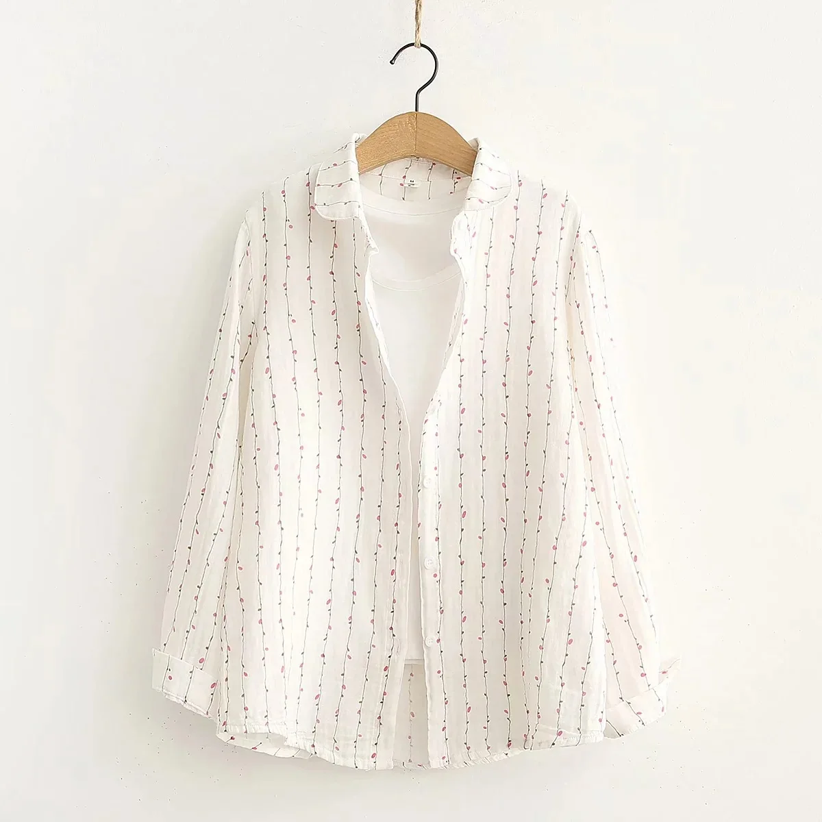 Double-layer 100% Cotton Gauze White Shirt With Button Female Tops Causal Loose Pleated Folds Long Sleeve Shirts Women Clothing