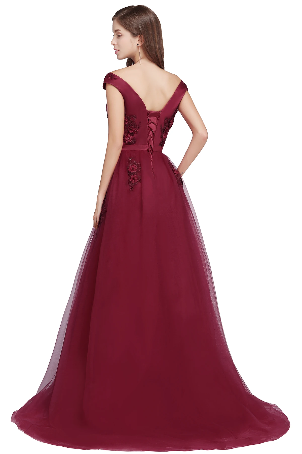 BABYONLINE  Burgundy Evening Dress Off-shoulder Bodice Paddigns 3D Flowers Beading Top  Long Skirt Tulle Formal Party Ball