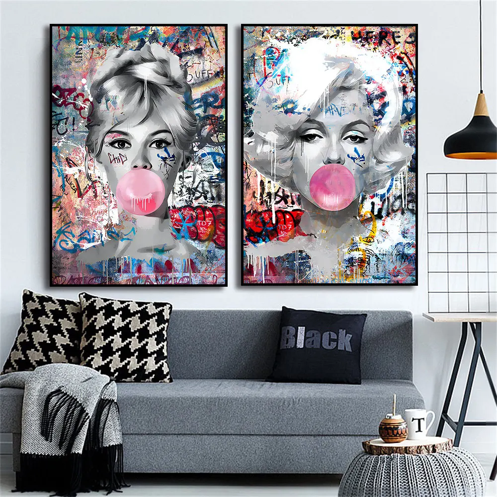 Canvas Painting,Hepburn and Monroe Street Art Poster Pictures,Pop Graffiti,Chewing Pink Gum,Wall Art,Women Room,Home Decor Mural