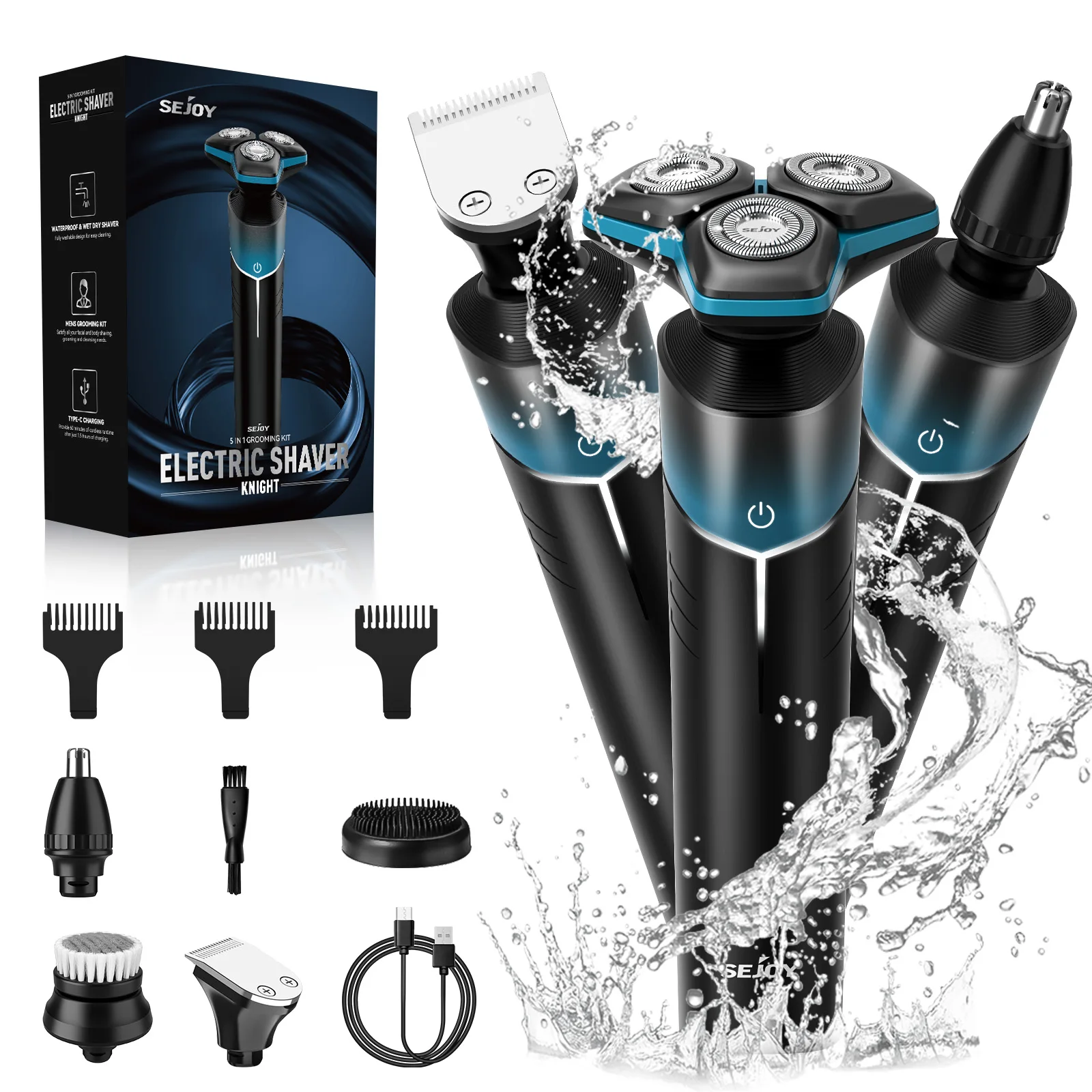 ماكينة حلاقة كهربائية 5 في 1 من SEJOY، ماكينة تشذيب الشعر القابلة لإعادة الشحن، ماكينة حلاقة الأنف، ماكينة قص شعر اللحية اللاسلكية الاحترافية