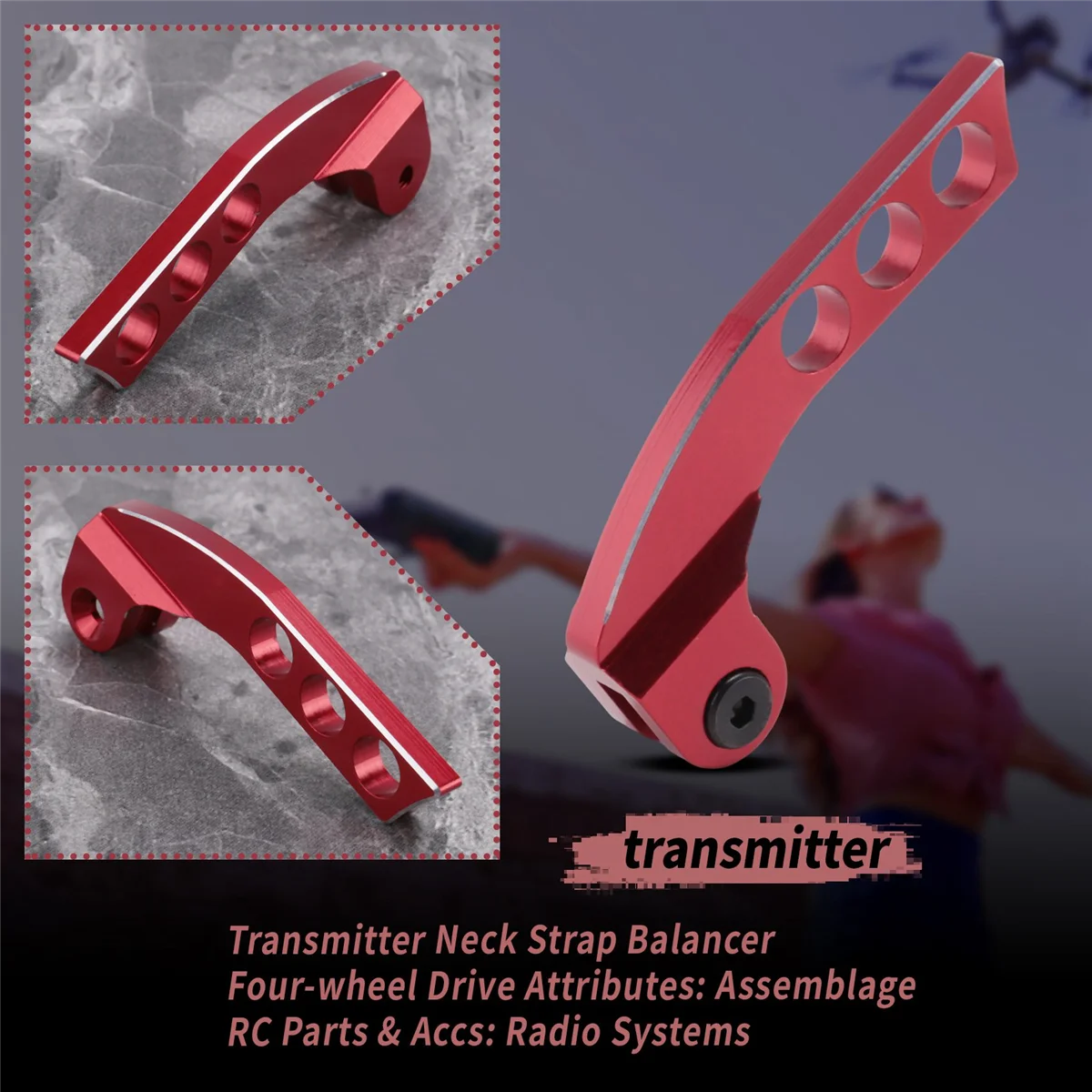 SMIEA Regolatore di bilanciamento della cinghia da collo del trasmettitore a 4 fori in metallo per telecomando Futaba Radiolink Frsky X9D RC, rosso verticale