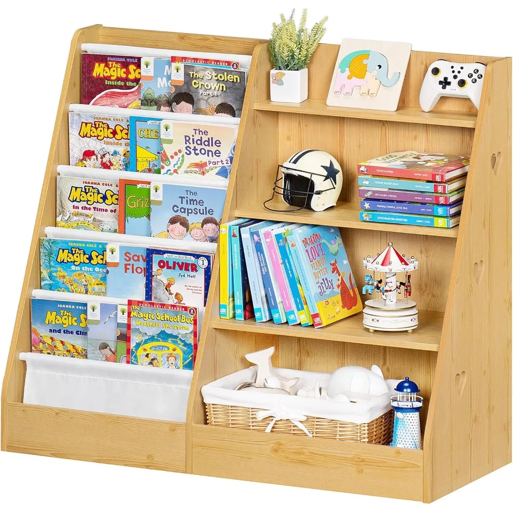 4 Tier Kids Bookshelf and Storage Organizer 5 Layer Sling Children Bookcase Wooden Book Shelf Display Cabinet for