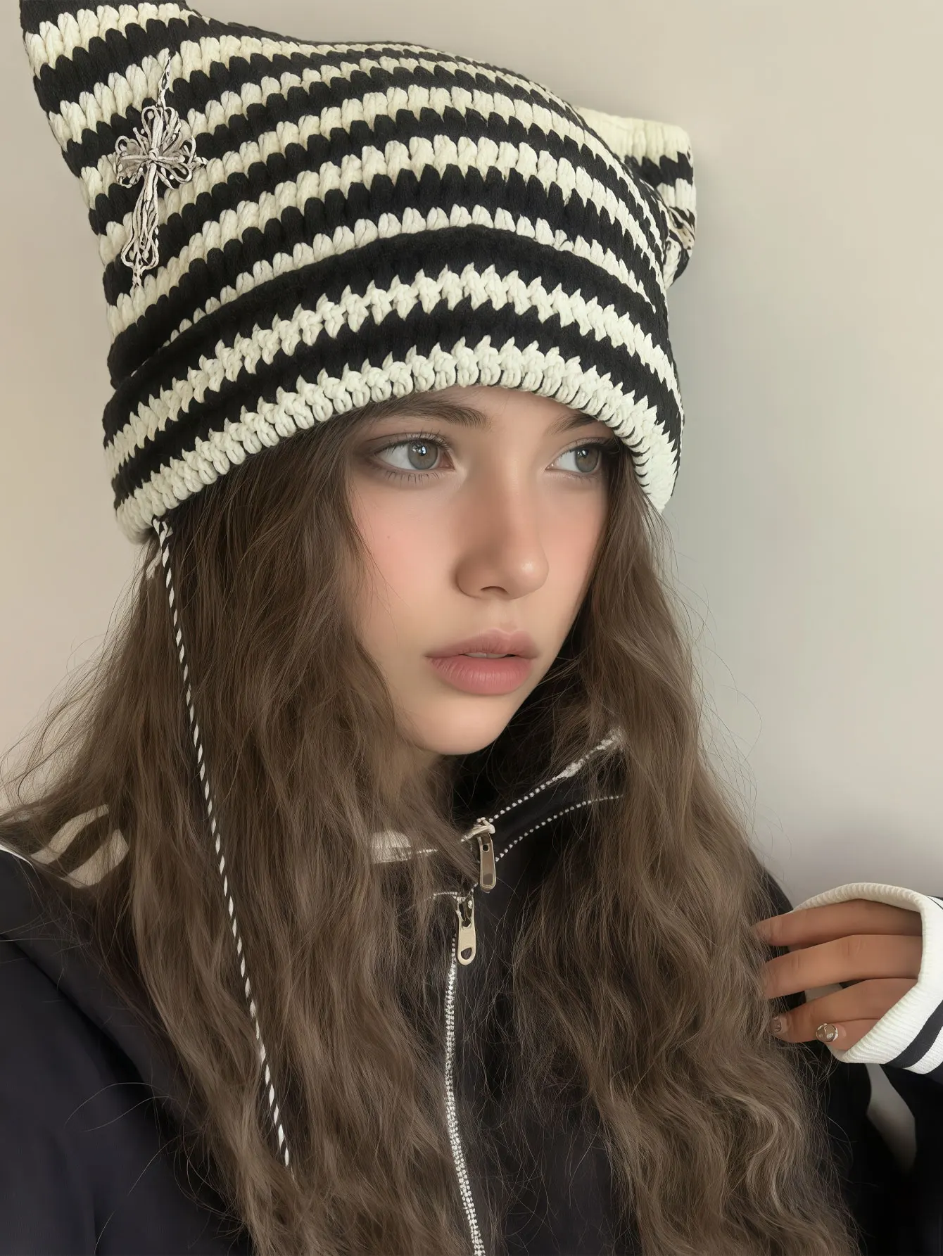 1PC  2026 Autumn/Winter New Style Furball Little Devil Striped Knitted Wool Hat with Flared Brim and Cold Cap