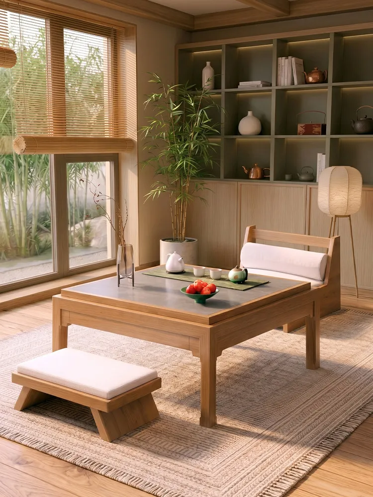 LMM small solid wood rock slab tea table bay window mini balcony sliding tea table short
