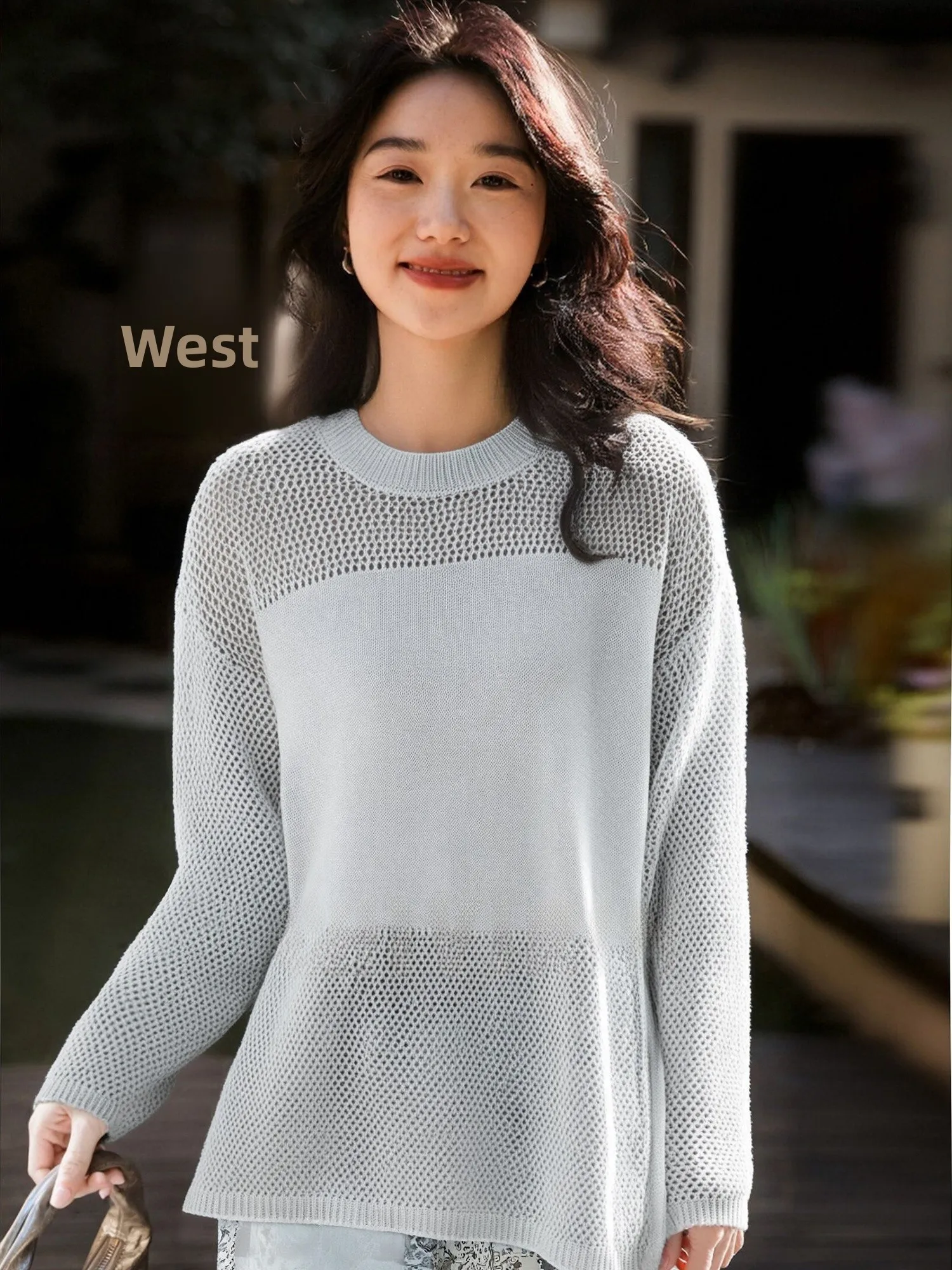 

Женский льняной вязаный свитер Simpleist с круглым вырезом и ажурным узором, весна-осень, новинка, удобный, для повседневной носки, свободный крой