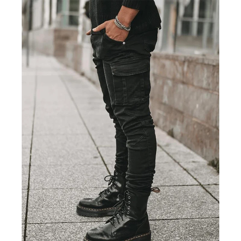 2022 New Cargo Jeans Men Streetwear Pants Multi-Pocket Black Slim Small Foot Casual Trousers Cargo Pants Men Blue