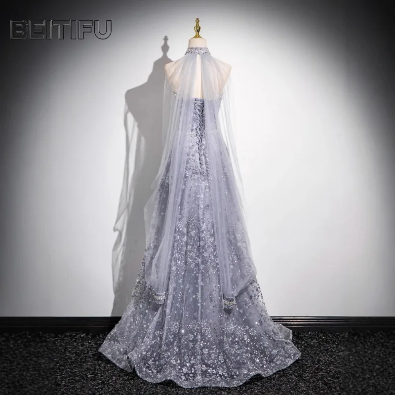 فستان سهرة نسائي أنيق مكشوف الكتفين وأكمام طويلة ترتر ثقيل فساتين لحفلات الولائم للنساء فيستدو دي فييستا