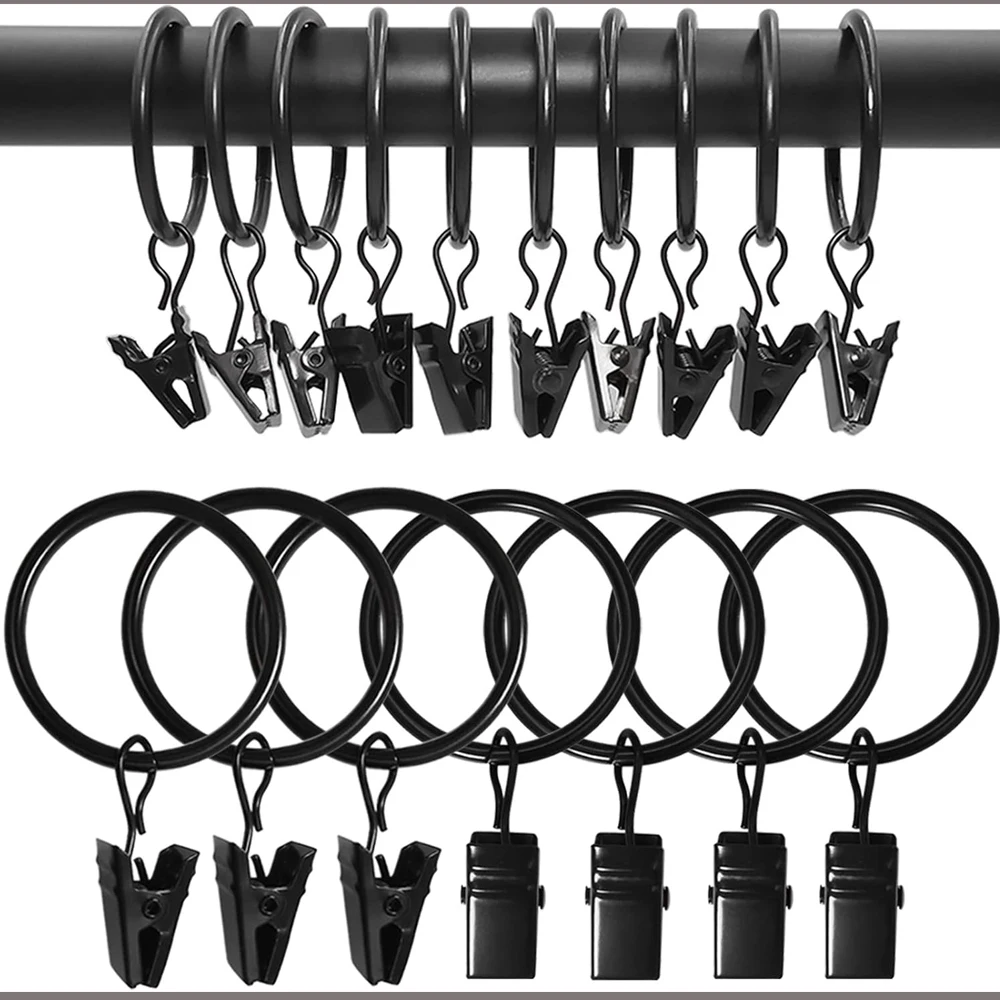 

40/100 Pack Curtain Rings with Clips, Drapery Clips with Rings, Drapes Rings 1.26 Inch Fits up to 1 Inch Curtain Rod Black