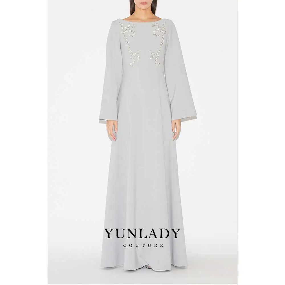 Elegant Saudi Arabian Women's Formal Party Dress Long Sleeves Sky Blue Cocktail Dress Customized Wedding Party Guest Dress