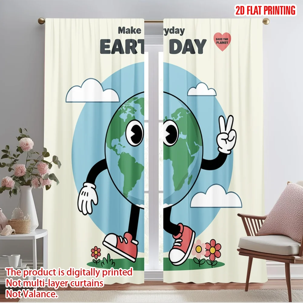 

2pcs 2D flat printing Curtains Make Everyday Earth Day 100% Polyester Without Electricity 0 for Holiday Decor
