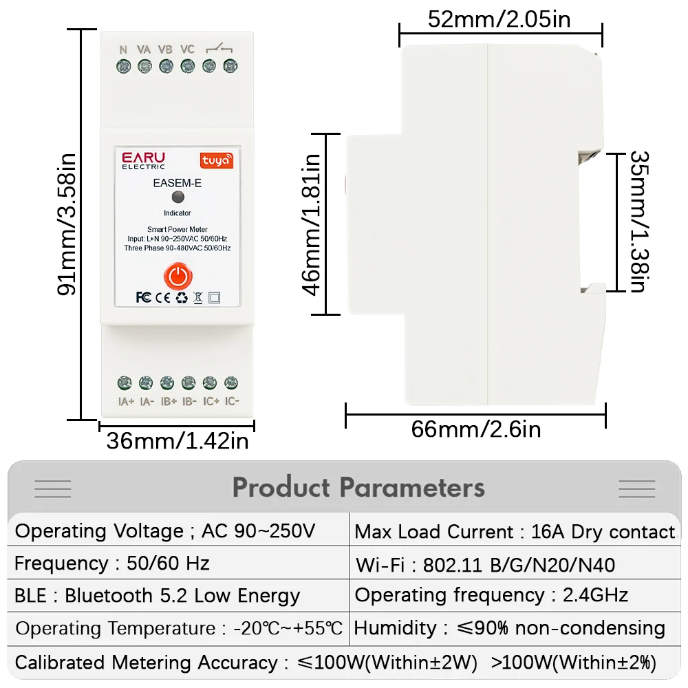 Tuya WiFi Smart Three Phase AC90-480V Bi-Directional Measurement Power Energy kWh Meter Monitor with 3Pcs CT Clamps Switch Relay