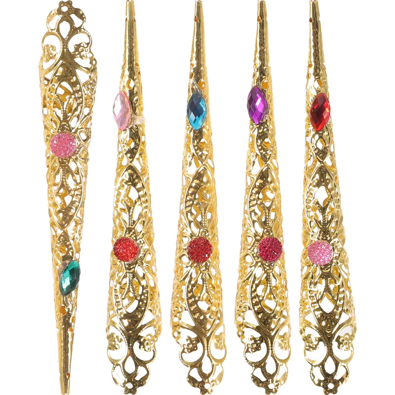 

5pcs Long Nails Fake Decoration Covers Golden Aluminum Alloy Halloween Costumes Party Accessories Fingertip Claw Jewelry Role