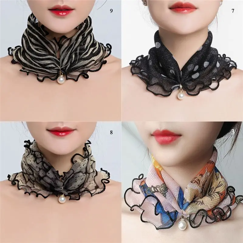 Women Lace Beaded Scarf Ruffle Pearl Pendant Chiffon Scarves Summer Thin Anti-UV Scarf Women Driving Riding Neck Collar