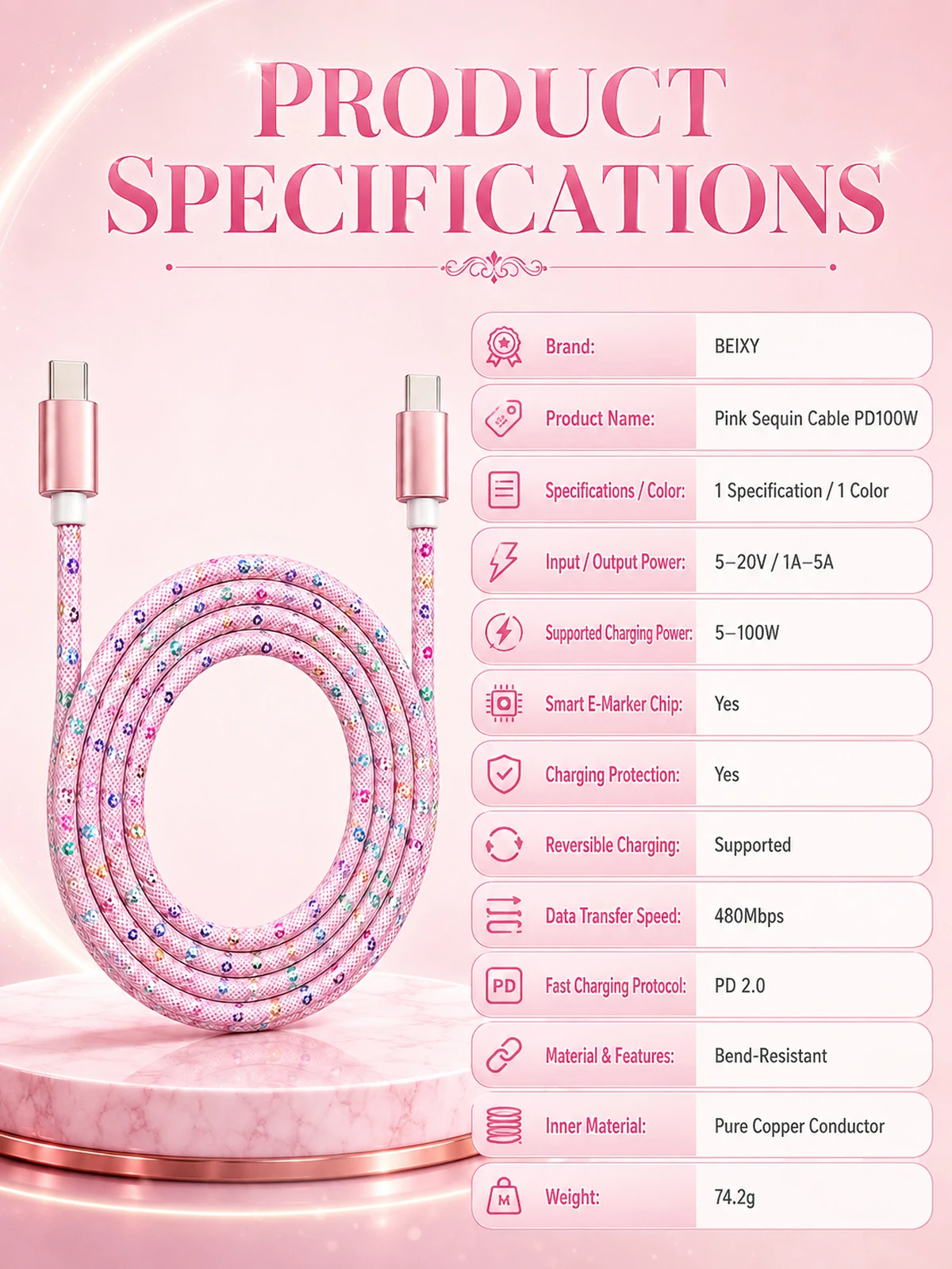 Beixy Typ C zu Typ C 3M PD 100W Superschnelles Ladekabel für iPhone, Macbook Pro, Samsung, Xiaomi, Mädchen C zu C Verlängerungs-Datenkabel – Detail 8