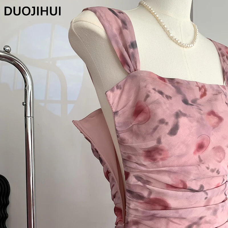 DUOJIHUI New Two Piece Pink Chicly Floral Female Dresses Sweet Loose Simple Elegant Fashion Slim Waist Zipper Casual Women Dress