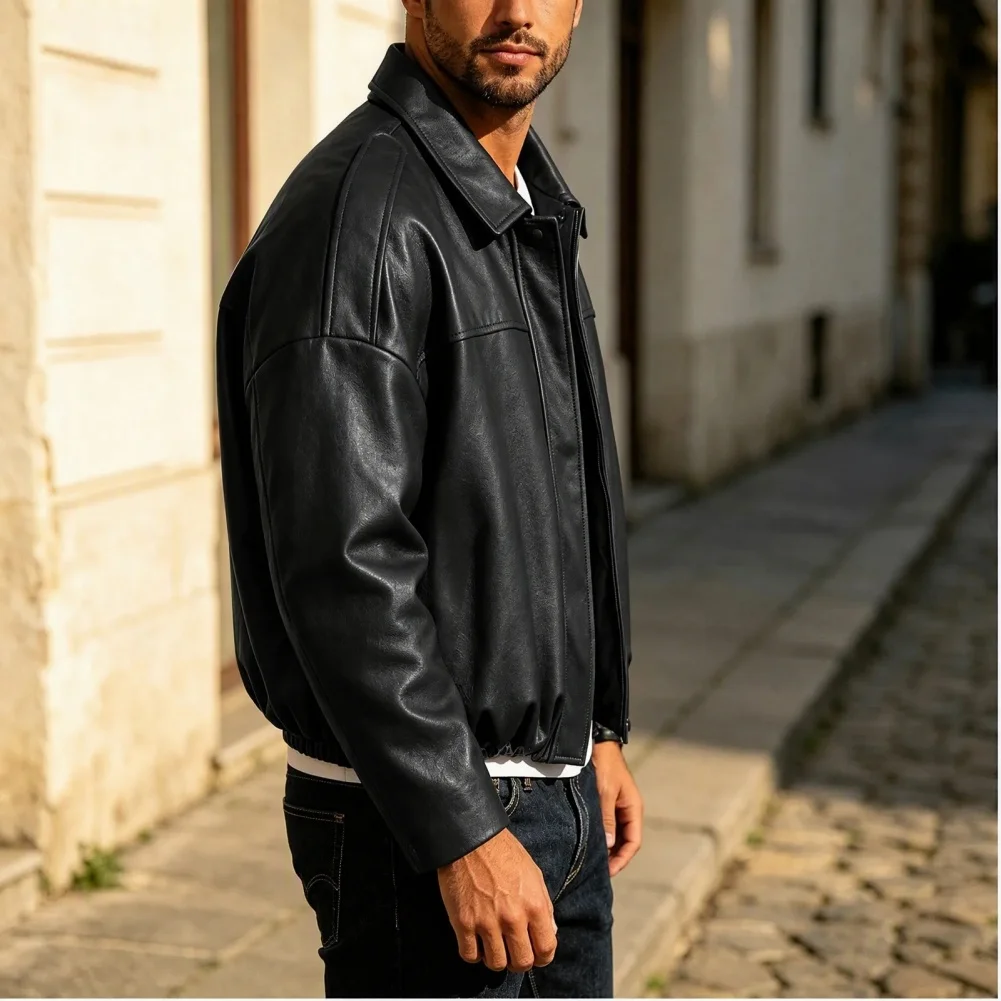 Men's Regular Length Solid Color Leather Jacket with Medium Stretch Ideal for Cycling Yoga Beach Holiday Outings