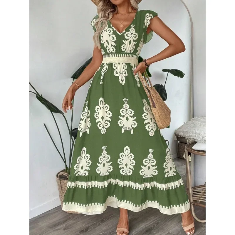 Modisches Damen-Partykleid mit V-Ausschnitt und Taille, lässig, bedruckt, bequem, kurzärmelig, langes Kleid