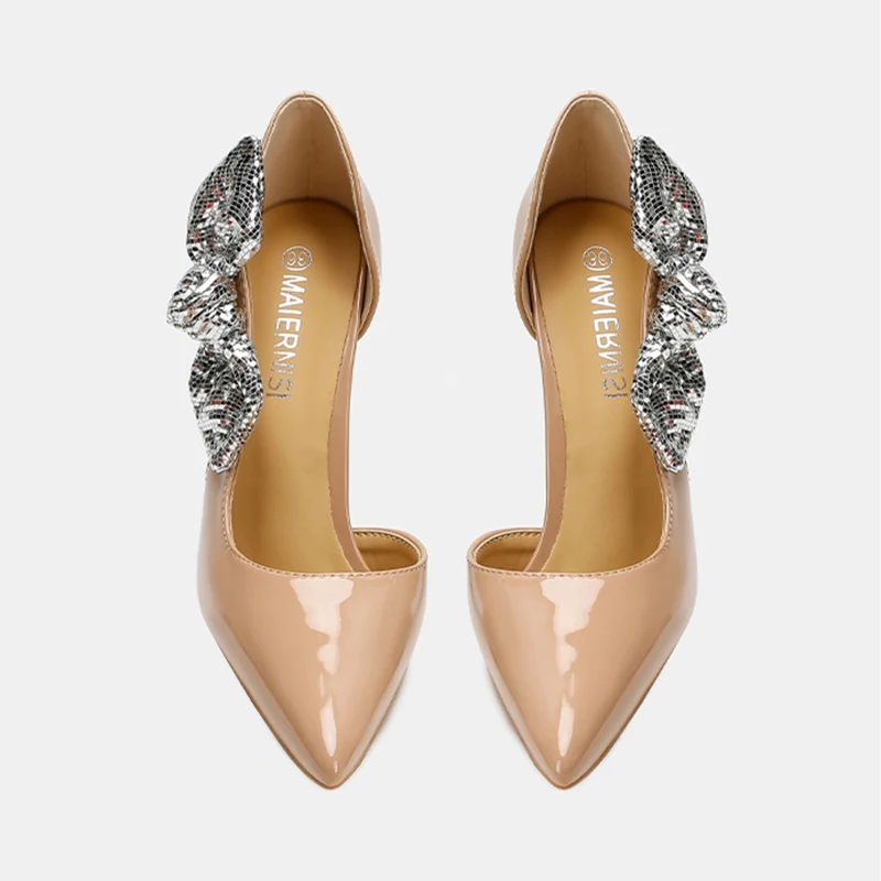 مصمم تألق Bowknot مضخات النساء الجانب قطع أشار تو 12 سنتيمتر سوبر عالية الكعب مثير لطيف الأسود براءات خنجر فستان الزفاف