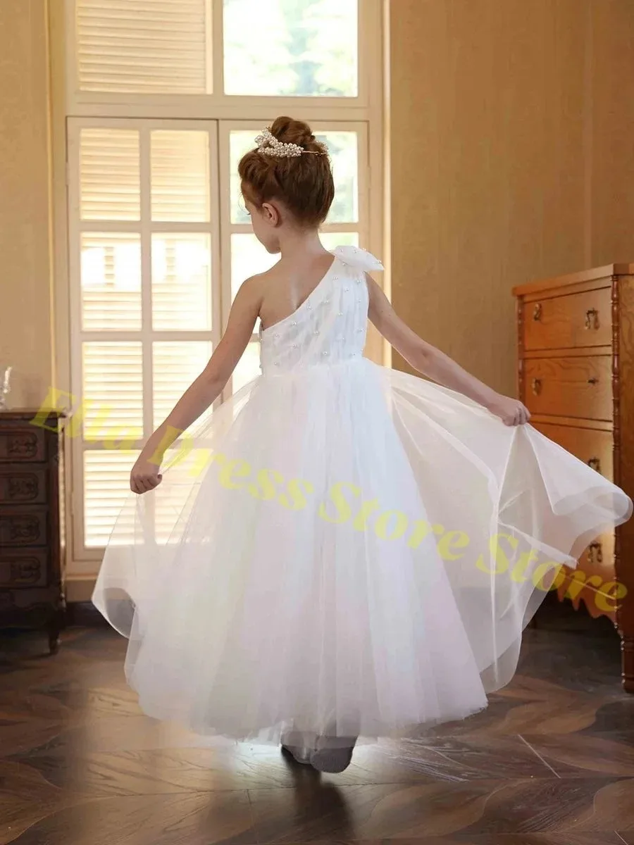 Blumenmädchenkleid mit Perlen, Tüll, Weiß, One-Shoulder, bodenlang, für Hochzeit, Brautjungfer, Festzug, Party, Abendkleid, Großhandel, individuell anpassbar – Detail 3