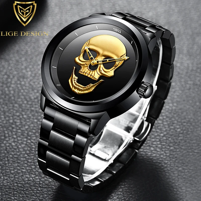 LIGE Top Brand Fashion Quartz Man Watch Creative 3D Skull Stainless Steel Watchs for Men Casual Business Waterproof Male Clocks