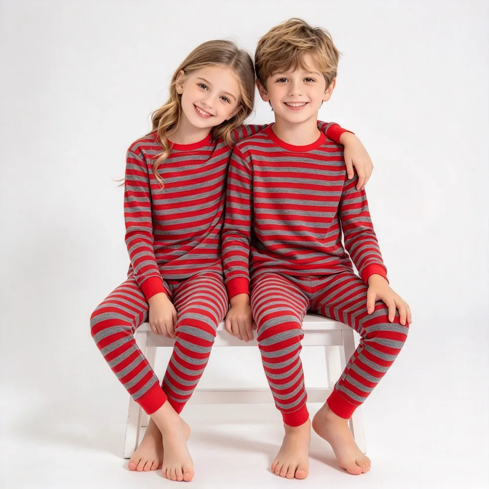 Kids Striped Pajama Set Boys Girls Soft Cotton Long Sleeve Sleepwear Round Neck Home Pjs Outfit For Children Homewear Pijamas