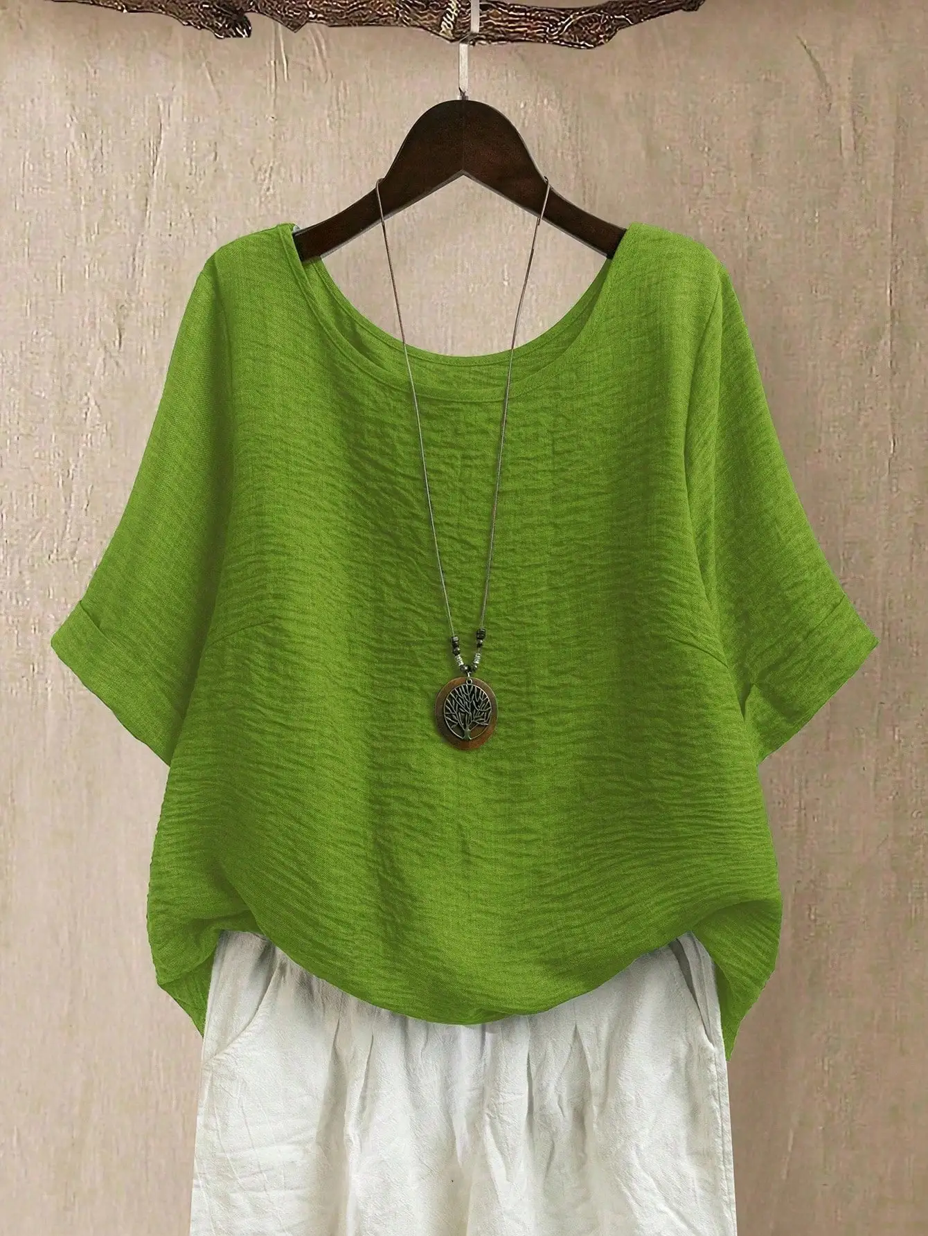 

Свободный пуловер с круглым вырезом и текстурной отделкой, ярко-зеленый, весна-лето