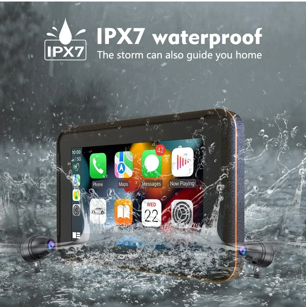 Navegador gps para motocicleta e gravador de vídeo dvr com duas câmeras karadar mt5004 à prova d'água 5 polegadas motocicleta carplay gps