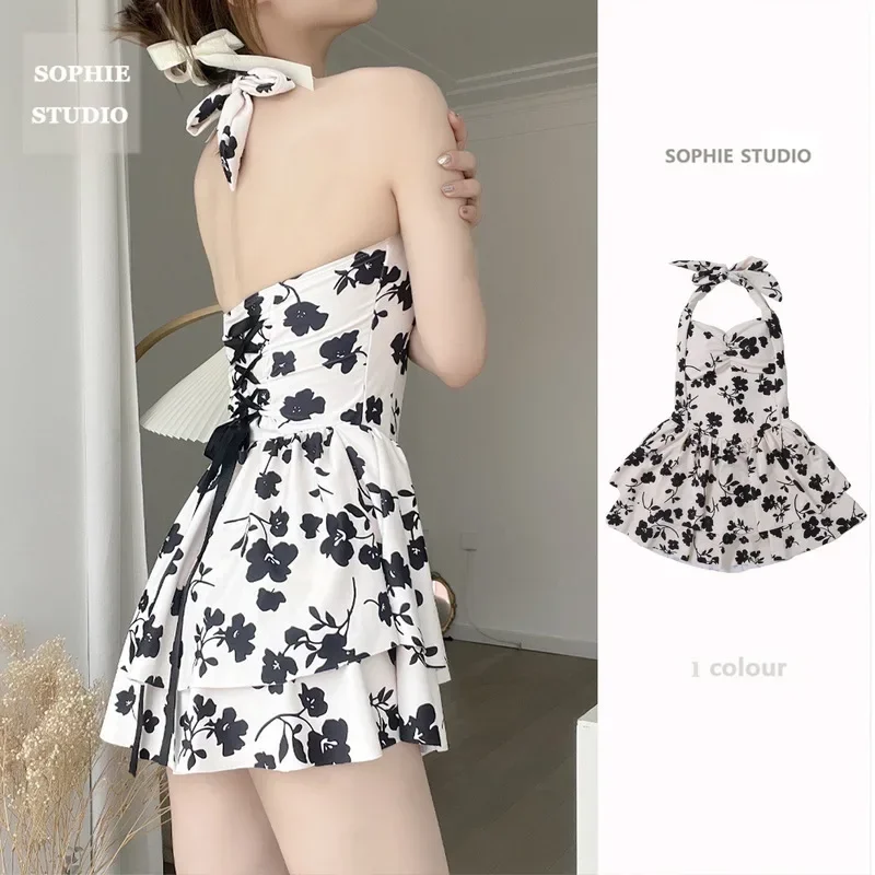 2025 New Swimsuit Ladies Monokini One Piece Korea Leaves Print One Piece Sling Sexy Hot Spring Swimwear Dropshipping