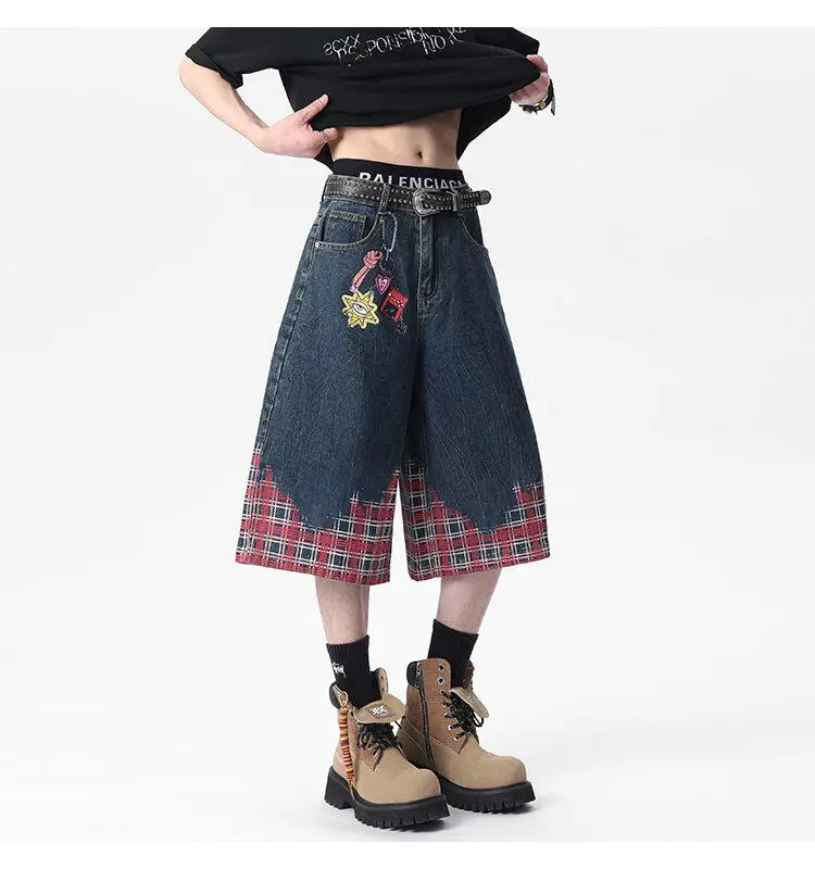 2025 Summer New American Retro Street Style Plaid Denim Capri Pants Fashion Trend Loose Casual Comfortable Shorts for Men