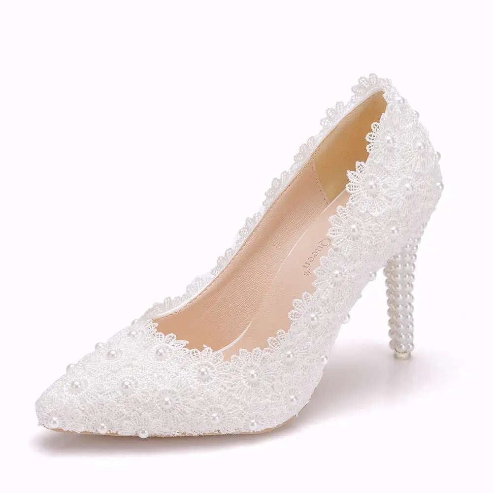 Wedding Bridal Woman Pumps Lace Flower Pearl Pointed Toe PU 9.5CM Thin High Heels Party Dance Shoe Women Shoes White