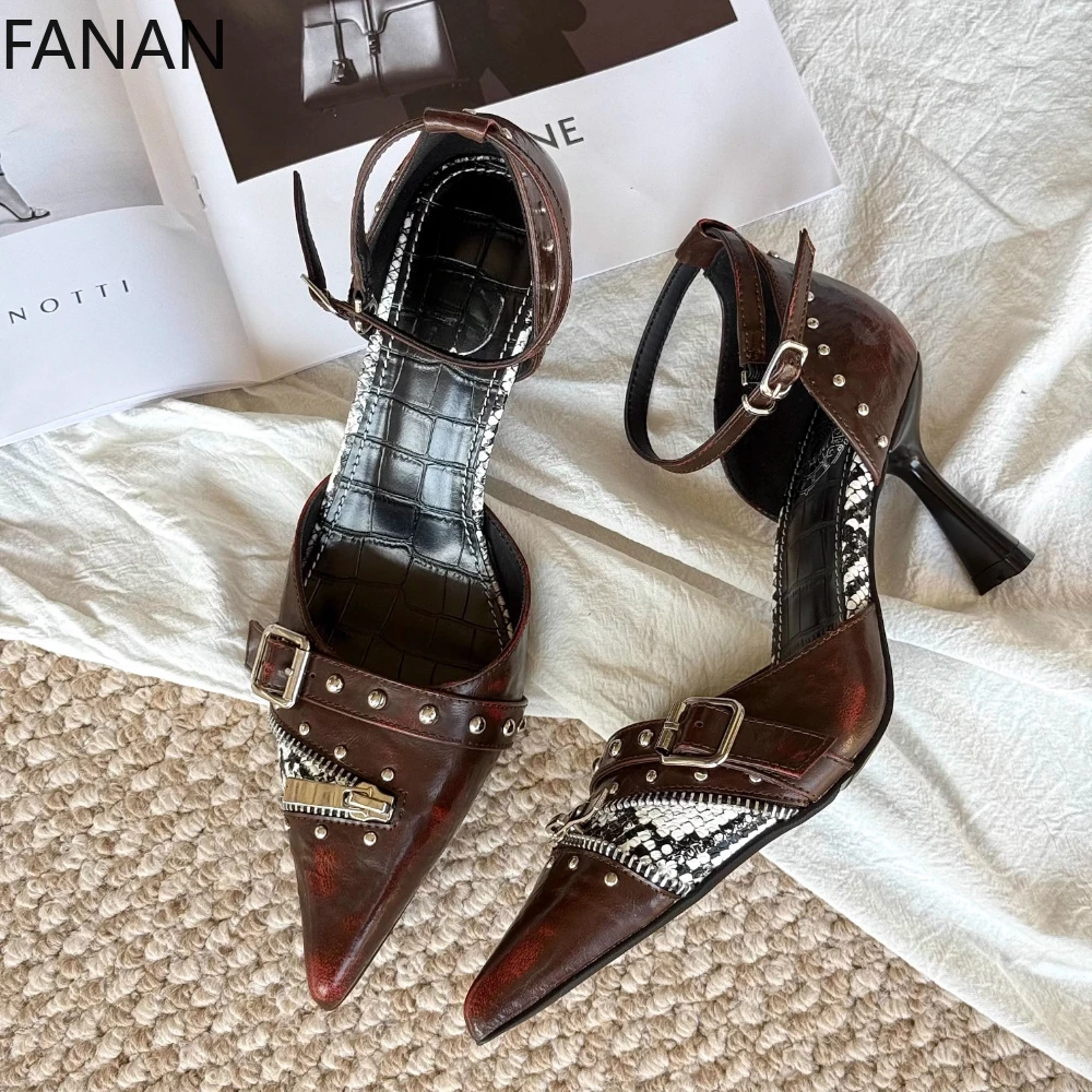 

Женские босоножки из натуральной кожи с заклепками в стиле панк, на высоком каблуке, с острым носком, сексуальные ретро-босоножки на массивном каблуке, коллекция 2026