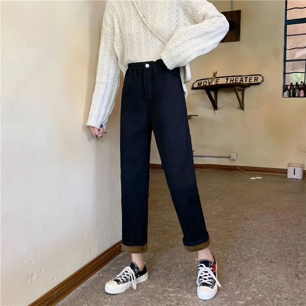 ジーンズ女性ベルベット厚いカーキハイウエストジッパー弾性ストレートシンプルな学校オールマッチレディースズボンシックな婦人服