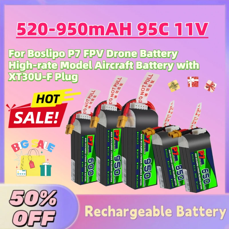 

In Stock 520-950mAH 95C 11V Lipo Battery for Boslipo P7 FPV Drone Battery High-rate Model Aircraft Battery with XT30U-F Plug