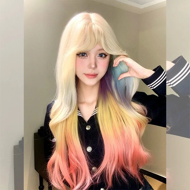 Cute Multi‑Color Rainbow Ombre Long Wavy Full Wig Heat‑Resistant Synthetic Wig with Bangs for Cosplay Events Party