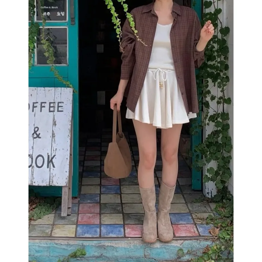 

Korean Sle Women's Plaid irt Versatile Autumn Faion Loose Fit Long Sve Sun Protection Ultra ort Length Top