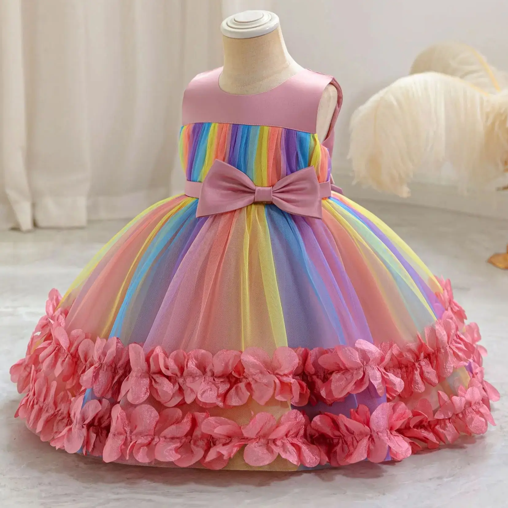 

HETISO Rainbow Tulle Girl Kids Dress Toddler Baby Clothes Summer Children's Ball Gown for Birthday Party 1-5 Years