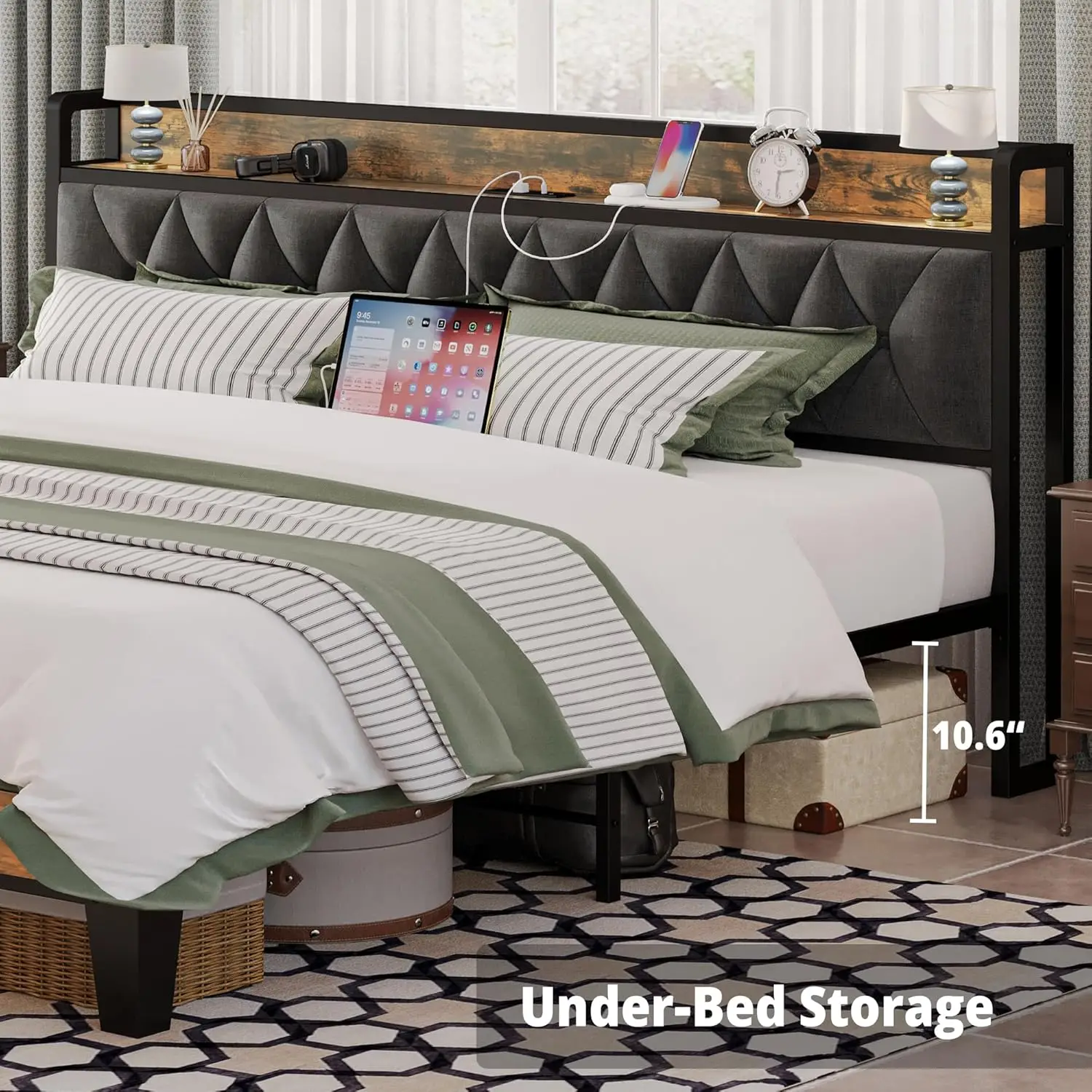 Extra large bed frame, storage headboard with socket, easy to install, sturdy and stable, noise free, no need for spring box