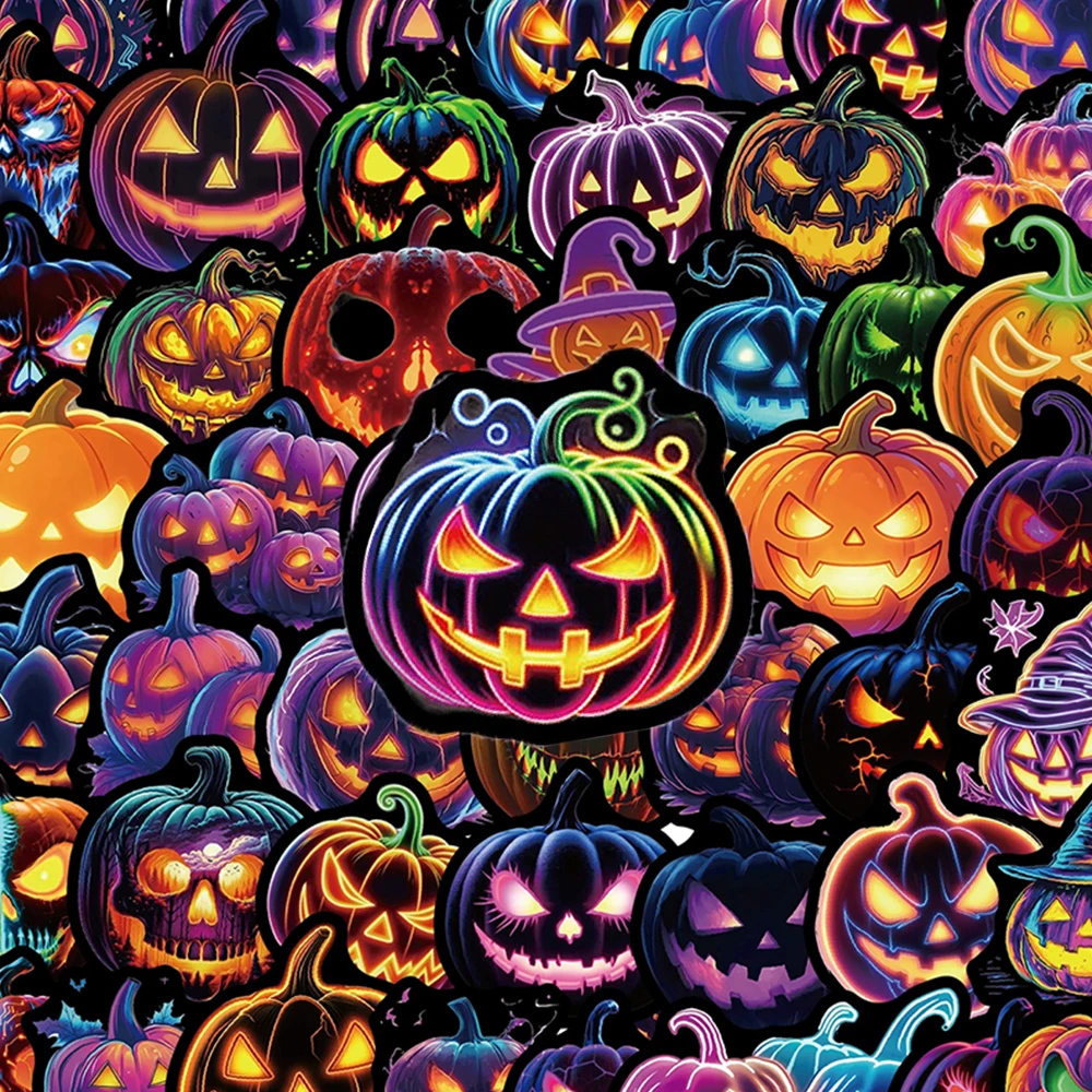 10/30/50pcs Horror Halloween Pumpkin Neon Stickers Waterproof DIY Water Bottle Phone Notebook Cool Cartoon Graffiti Decals Pack