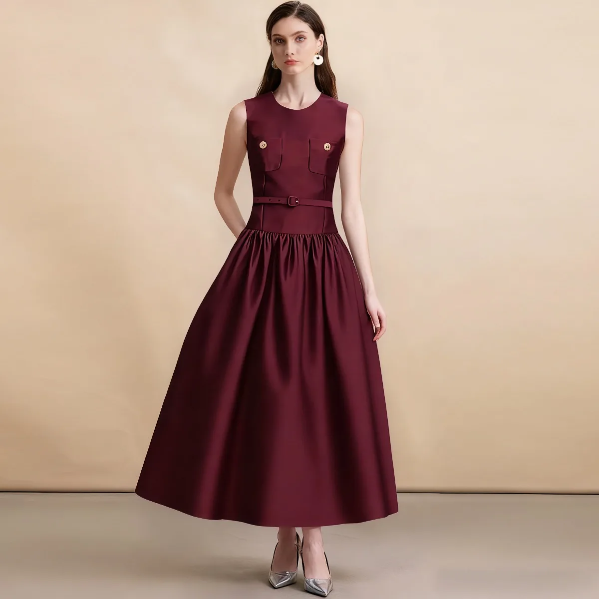 Robe mi-longue rétro en satin, coupe trapèze, avec ceinture, taille basse, couleur unie, pour femme, mode printemps été automne hiver