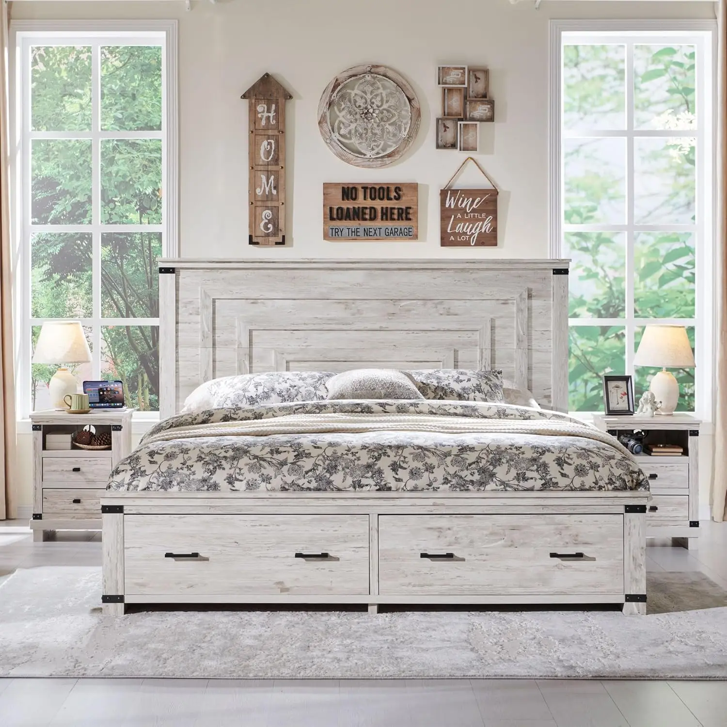 

Farmhouse King Size Wood Bed Frame with 54" Tall Geometric Headboard, 2 Large Storage Drawers, Antique Brush White