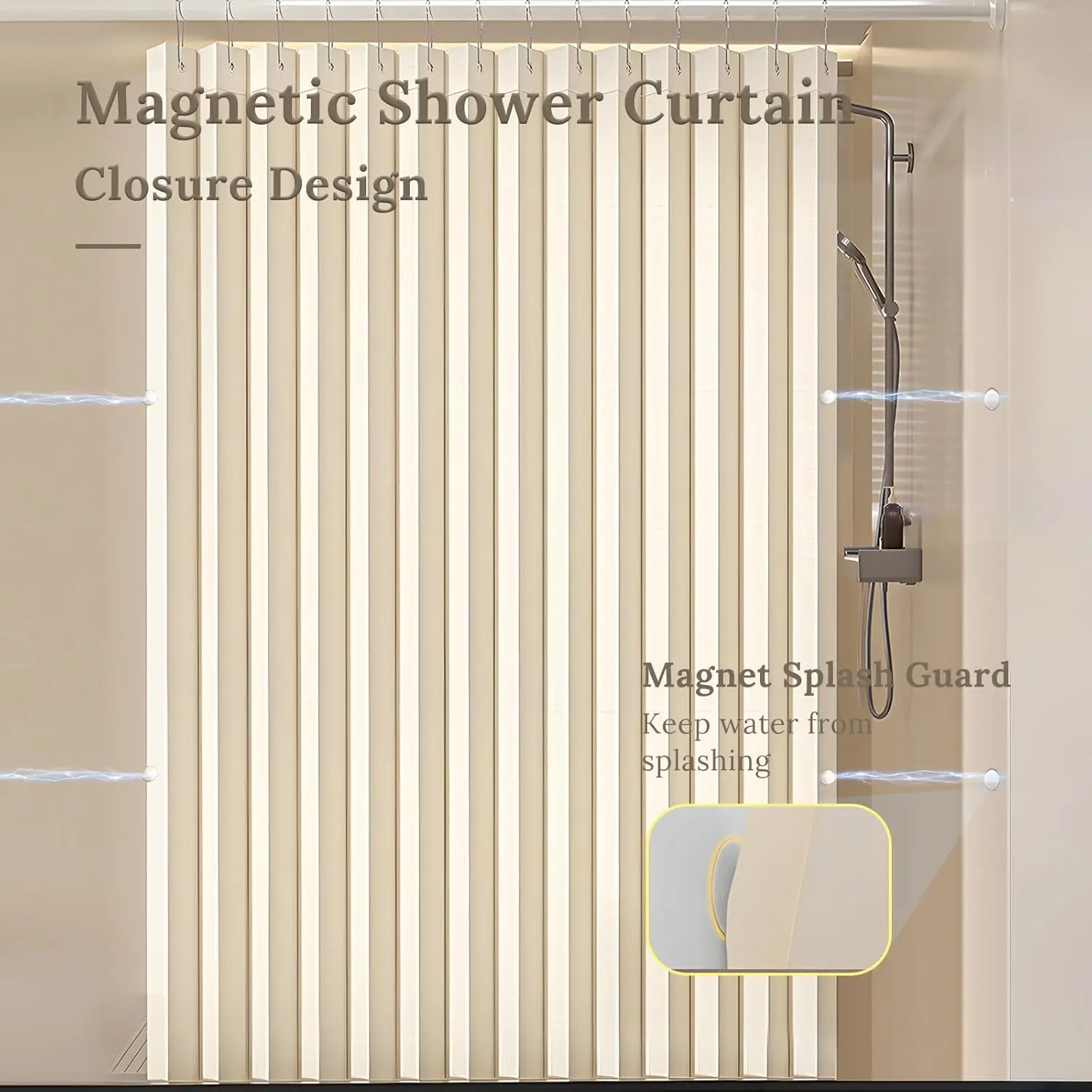 Waterproof Door Curtain, Heavy Duty Magnetic Folding Linen Shower Curtain, Non-Toxic, Magnetic Fabric Bathroom Curtain Sets, Bei