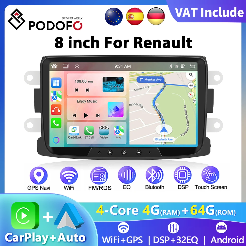 Podofo 8 "autoradio CarPlay Android Radio pour Renault Dacia Sandero/Duster /Logan/Dokker 2010-2015 multimédia GPS Bluetooth FM