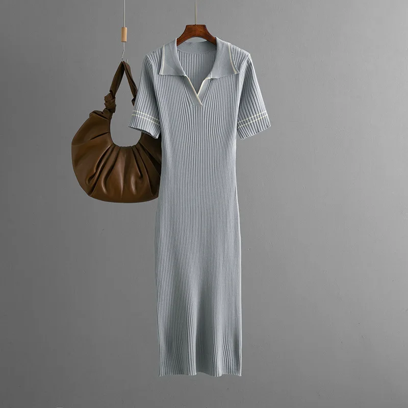 فستان نسائي ملفوف على الورك بأكمام قصيرة فساتين طويلة متماسكة وياقة مقلوبة بقصة ضيقة وأنيقة من فيستدوس محبوكة أنيقة