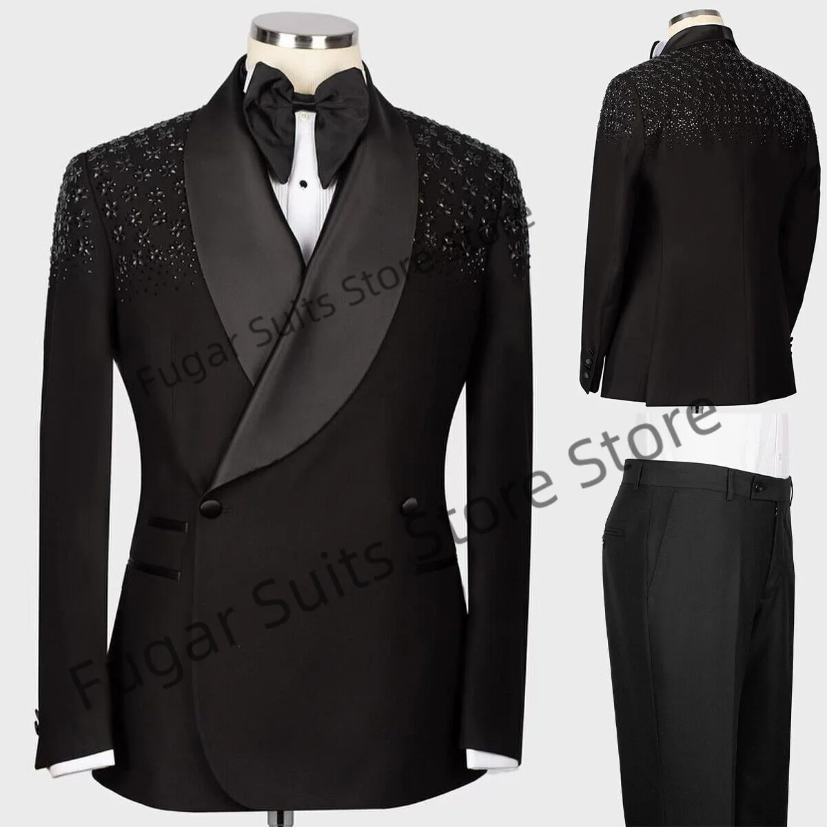 

Luxury Black Petal Pattern Wedding Suits For Men Slim Fit Shawl Lapel Groom Tuxedos 2 Pcs Sets Classic Male Blazer Costume Homm