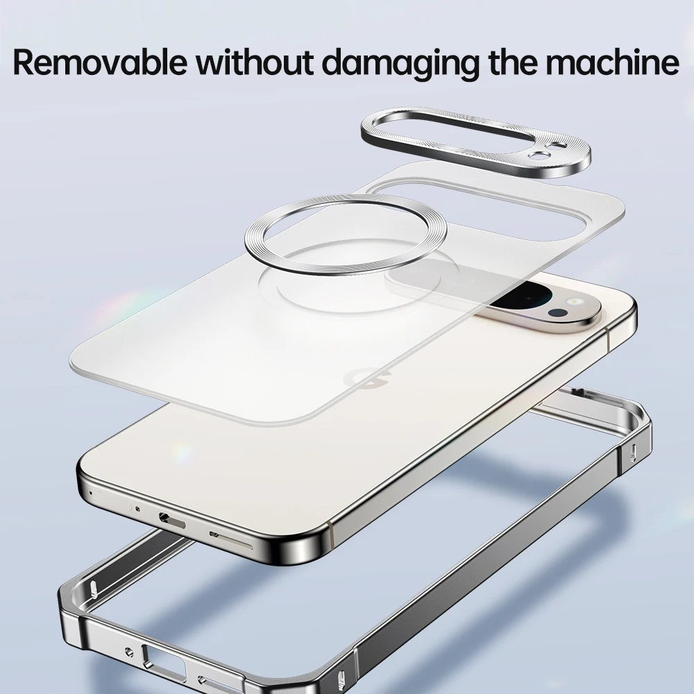 

Detachable Case For Google Pixel 8 9 9A Pro XL Translucent Frosted Magsafe Removable Backboard Metal Frame Bumper Grip Cover